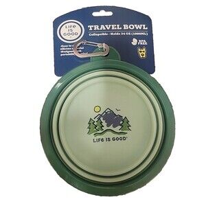 Life is Good Dog Collapsible Bowl and Lid Water Food Travel 34 oz Silicone Green